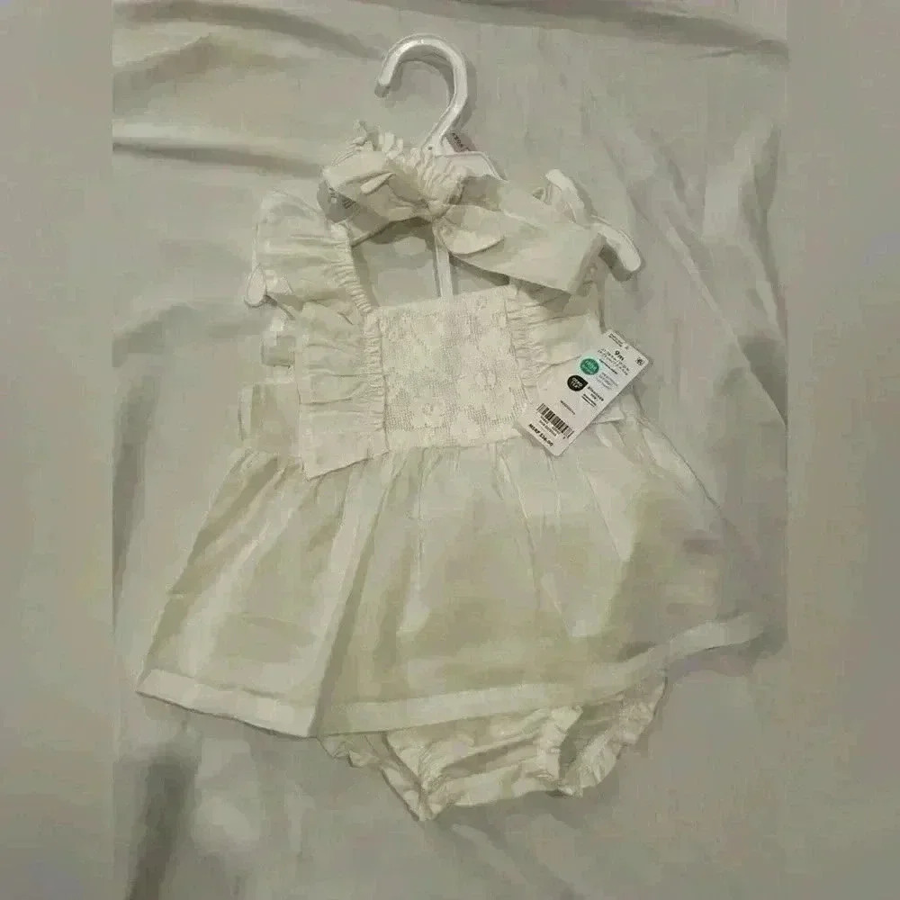 Carter’s Infant Girls Size 9 Months Dress with Diaper Cover Headband NWT Cream